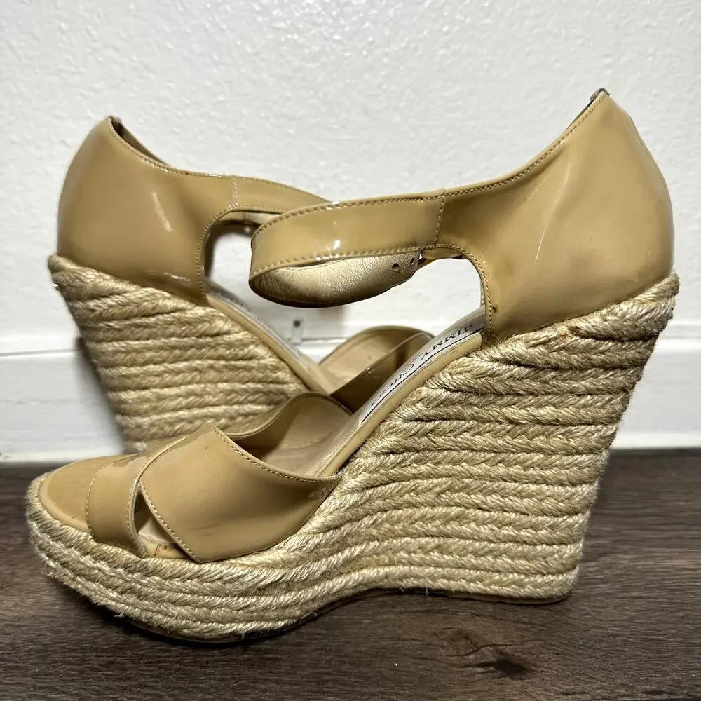 Jimmy Choo Porto Espadrille Wedge Sandals Patent Crisscross Straps Tan 36.5 6